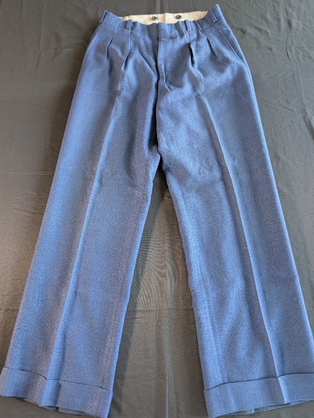 Vintage 70s Swing Style Hollywood Wide Leg Blue Wool Trousers 32 X 30